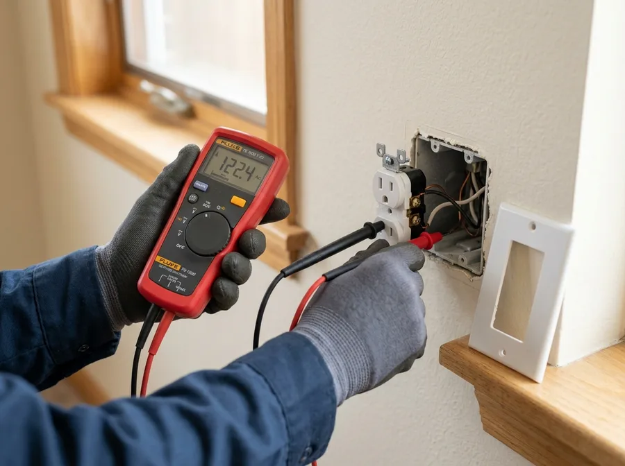 A multimeter's probes reading a wall outlet wired in place in a south Denver home, cover plate off to one side, technician's gloved hand steady on the meter