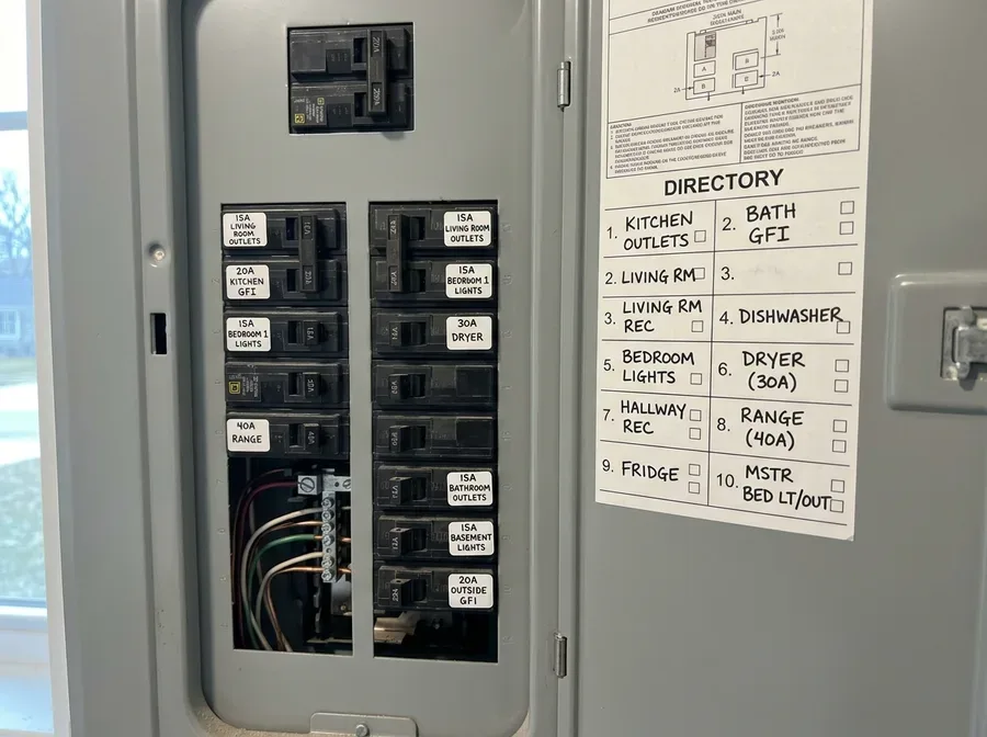 A finished 200-amp service panel mounted on a clean garage wall, door open, breaker rows labeled, new conduit runs entering the top
